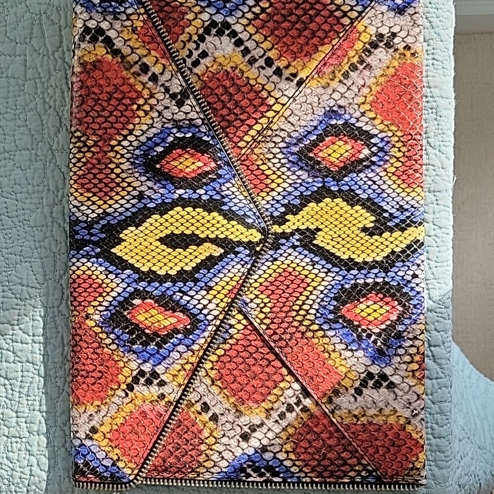Rebecca Minkoff Multicolor Snakeskin Print Leather Clutch  Zipper Details Flap